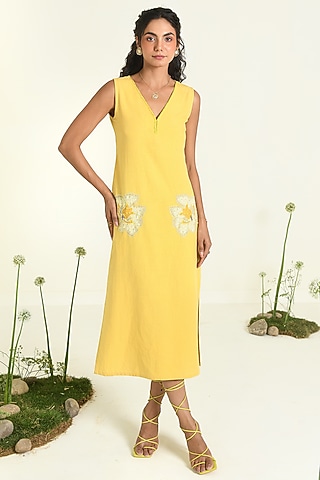 Yellow Cotton Linen Embroidered Midi Dress by Baise Gaba