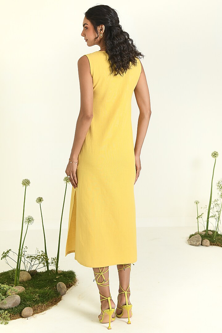 Yellow Cotton Linen Embroidered Midi Summer Dress by Baise Gaba at Pernia's Pop Up Shop