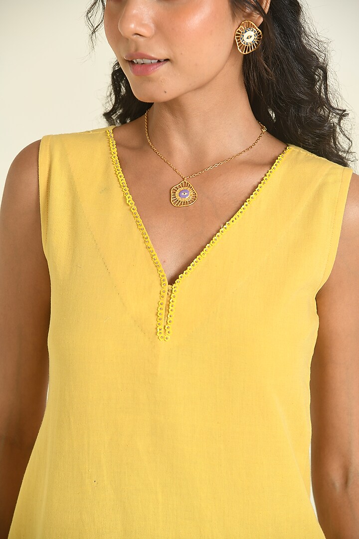 Yellow Cotton Linen Embroidered Midi Summer Dress by Baise Gaba at Pernia's Pop Up Shop