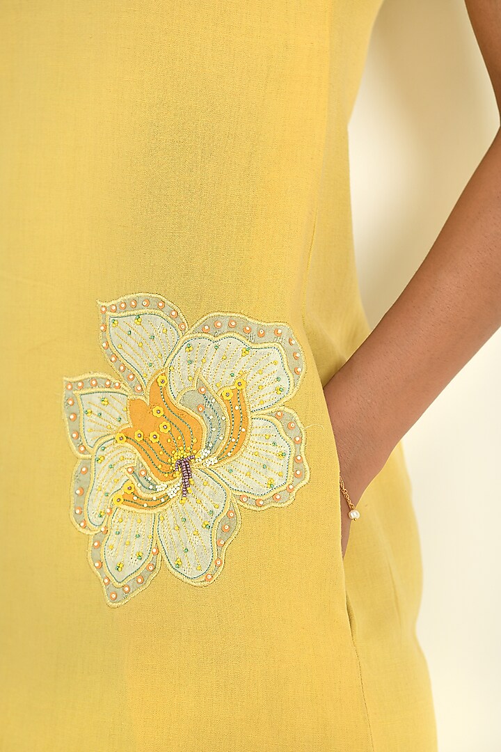 Yellow Cotton Linen Embroidered Midi Summer Dress by Baise Gaba at Pernia's Pop Up Shop