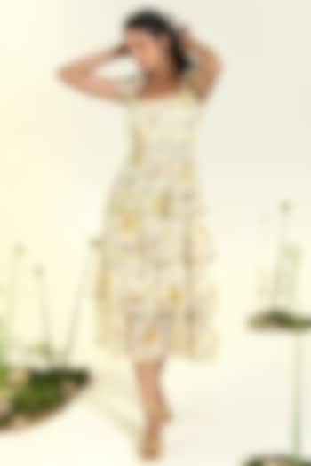 Beige Chiffon Floral Printed Midi Summer Dress by Baise Gaba at Pernia's Pop Up Shop