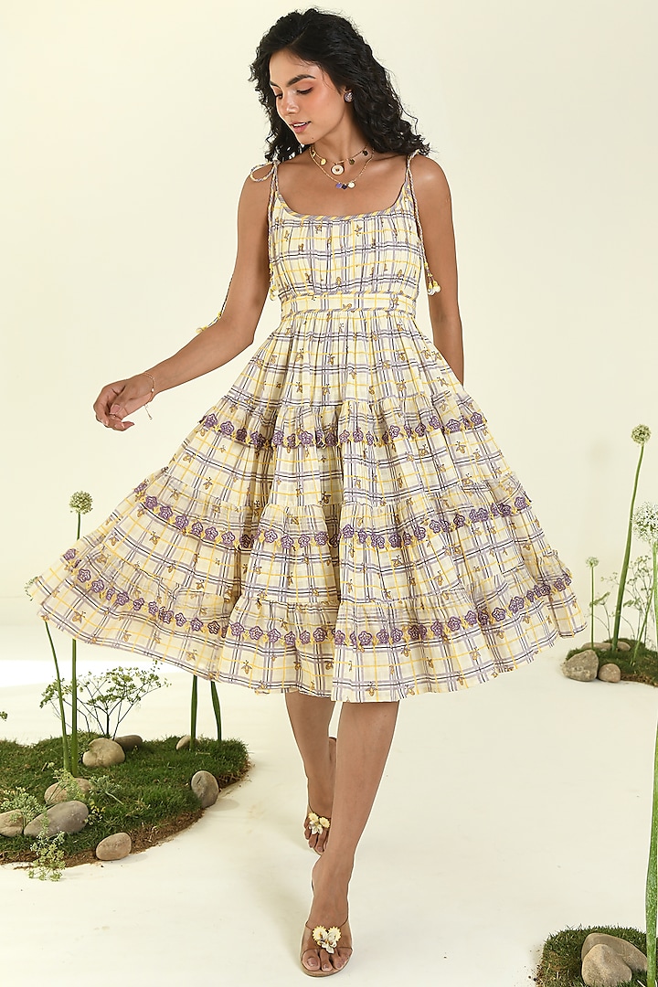 Yellow & Lavender Soft Cotton Printed Midi Summer Dress by Baise Gaba at Pernia's Pop Up Shop