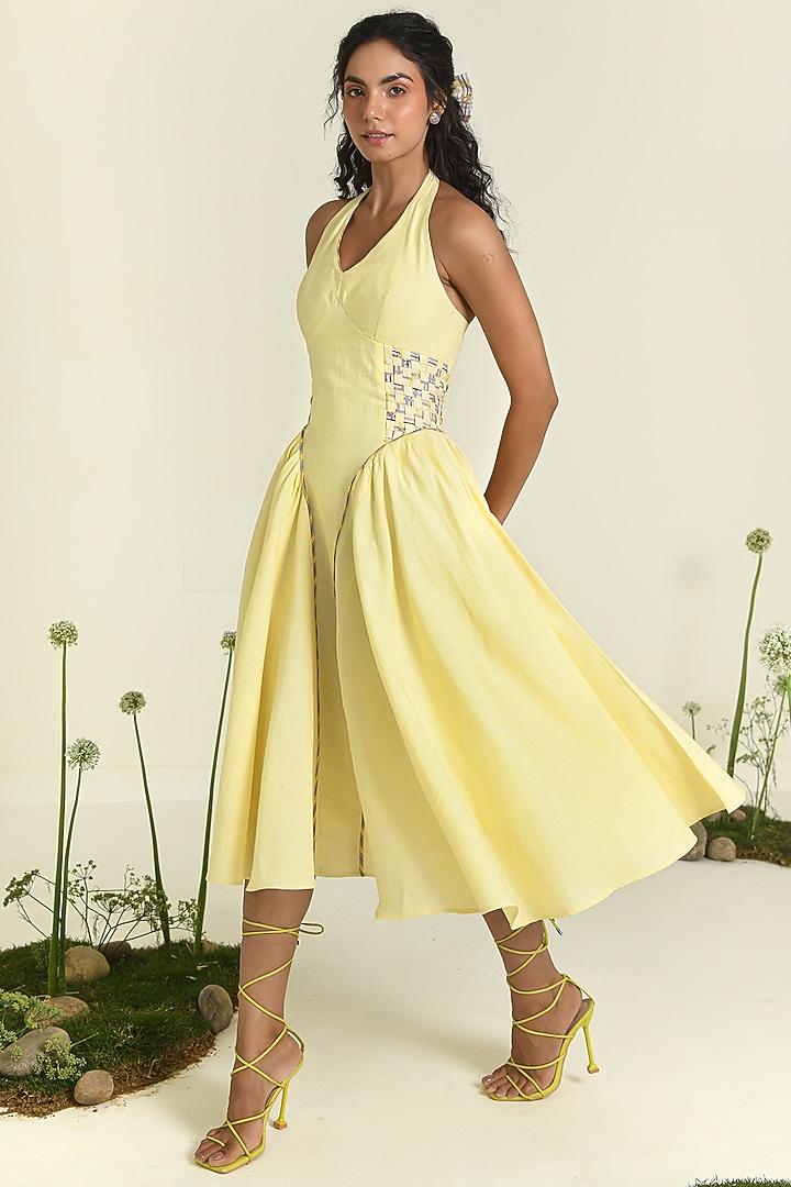 Yellow Cotton Linen Midi Summer Dress by Baise Gaba at Pernia's Pop Up Shop