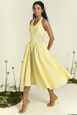 Yellow Cotton Linen Midi Dress by Baise Gaba