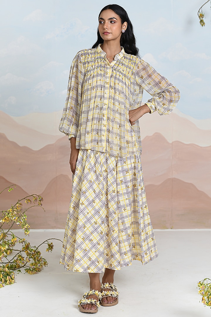 Yellow & Lavender Chiffon Embroidered Shirt With Slip by Baise Gaba at Pernia's Pop Up Shop