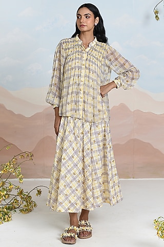 Yellow & Lavender Chiffon Embroidered Shirt With Slip by Baise Gaba