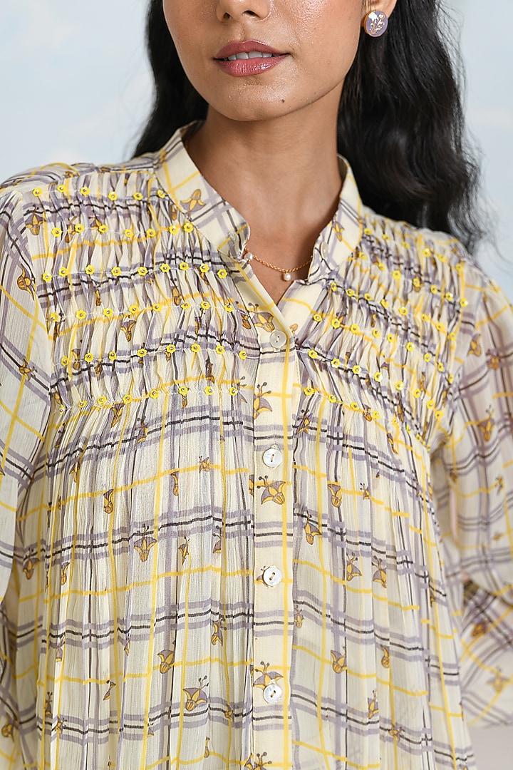 Yellow & Lavender Chiffon Embroidered Shirt With Slip by Baise Gaba at Pernia's Pop Up Shop