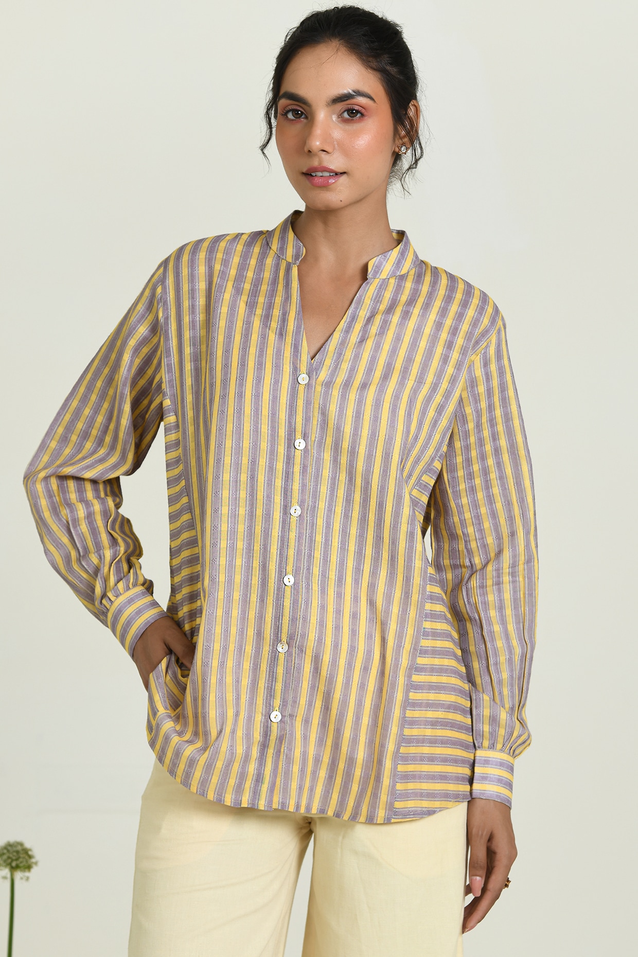 Yellow & Lavender Cotton Dobby Striped Shirt by Baise Gaba at 