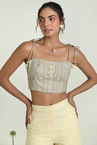 Green Cotton Dobby Stripe Printed Top by Baise Gaba