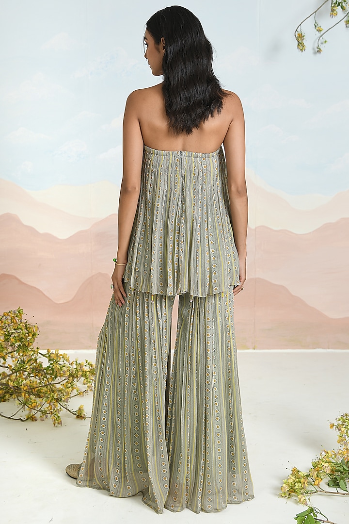 Sage Green Chiffon Stripe Printed Gharara Set by Baise Gaba at Pernia's Pop Up Shop