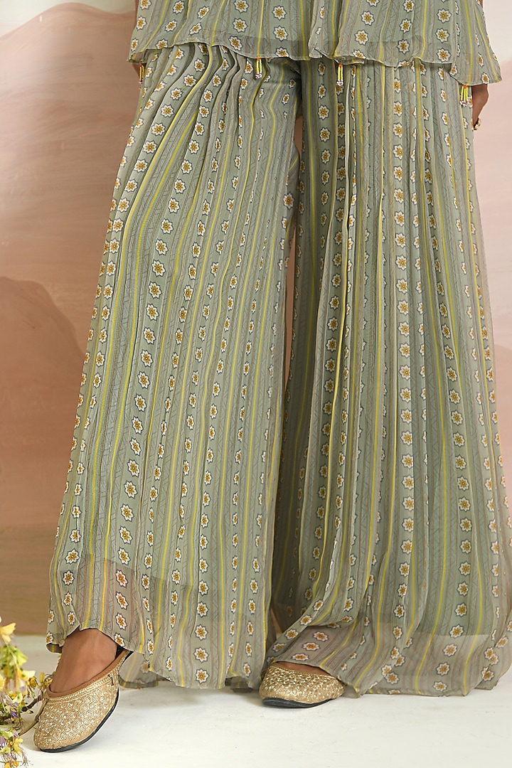 Sage Green Chiffon Stripe Printed Gharara Set by Baise Gaba at Pernia's Pop Up Shop