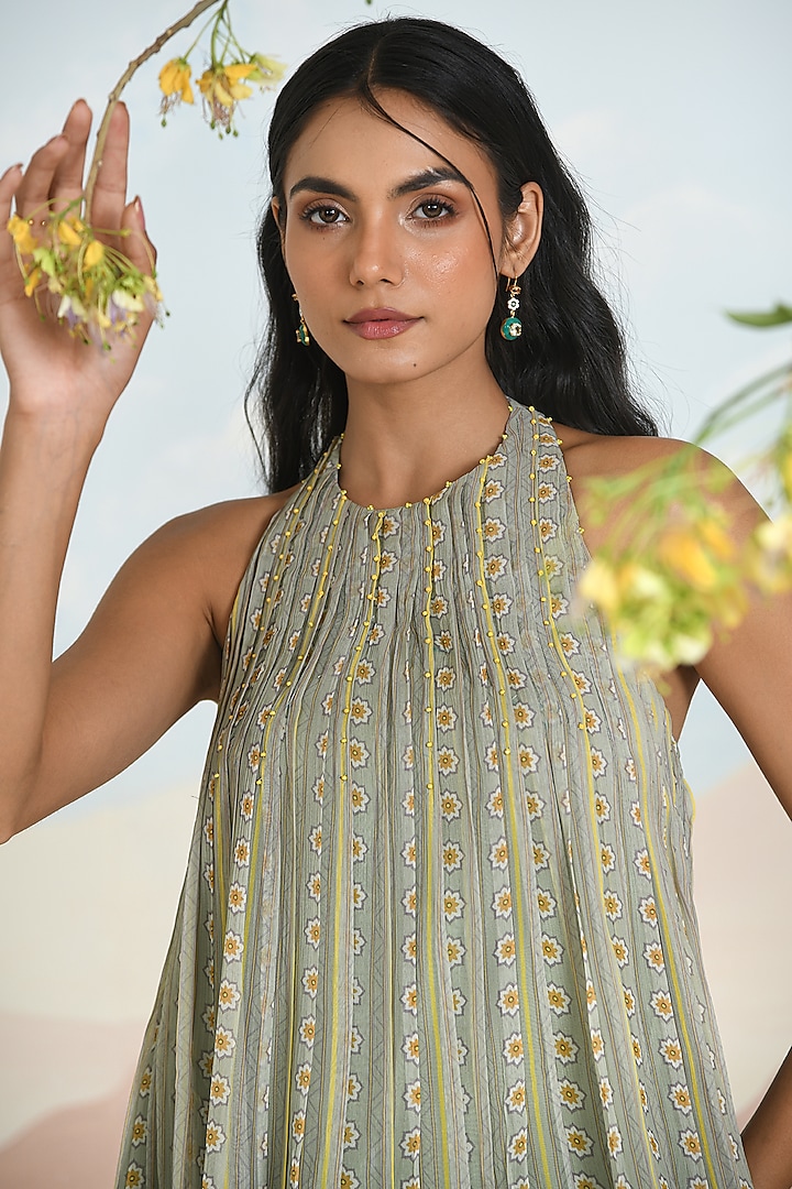 Sage Green Chiffon Stripe Printed Gharara Set by Baise Gaba at Pernia's Pop Up Shop