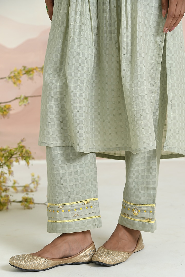 Sage Green Cotton Dobby Floral Embroidered Kurta Set by Baise Gaba at Pernia's Pop Up Shop