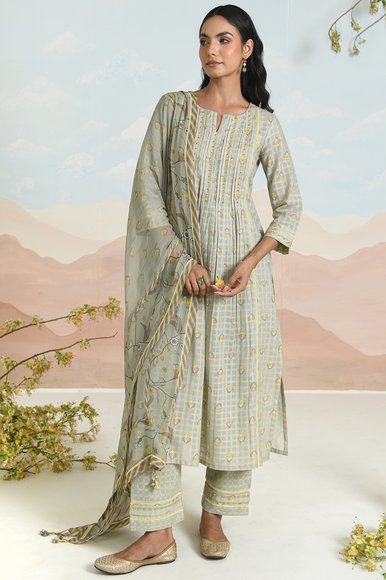Sage Green Soft Cotton Printed & Embroidered A-Line Kurta Set by Baise Gaba at Pernia's Pop Up Shop
