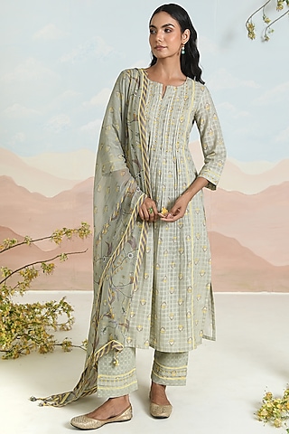 Sage Green Soft Cotton Printed & Embroidered A-Line Kurta Set by Baise Gaba