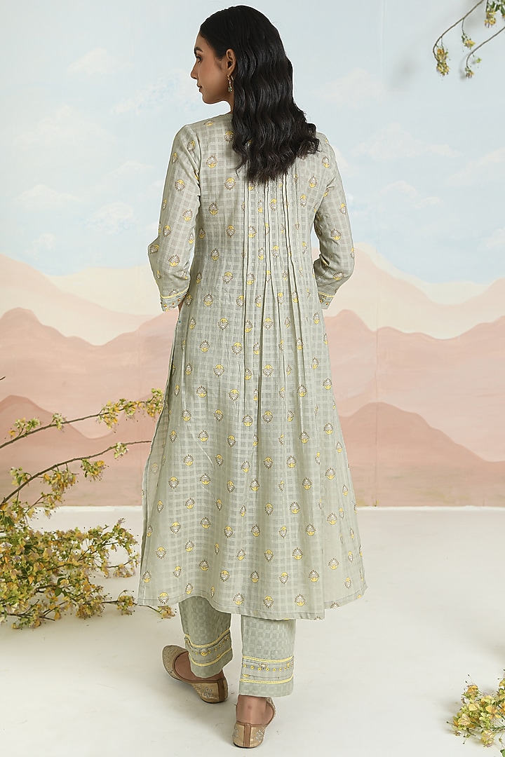 Sage Green Soft Cotton Printed & Embroidered A-Line Kurta Set by Baise Gaba at Pernia's Pop Up Shop