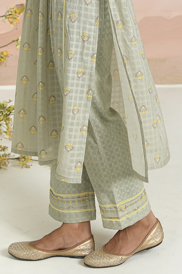 Sage Green Soft Cotton Printed & Embroidered A-Line Kurta Set by Baise Gaba at Pernia's Pop Up Shop