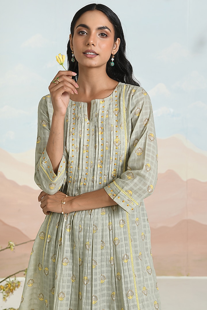 Sage Green Soft Cotton Printed & Embroidered A-Line Kurta Set by Baise Gaba at Pernia's Pop Up Shop