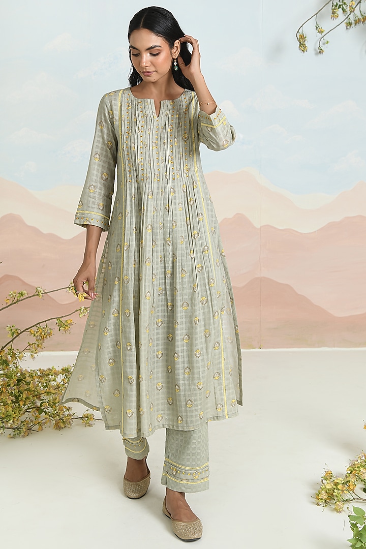 Sage Green Soft Cotton Printed & Embroidered A-Line Kurta Set by Baise Gaba at Pernia's Pop Up Shop