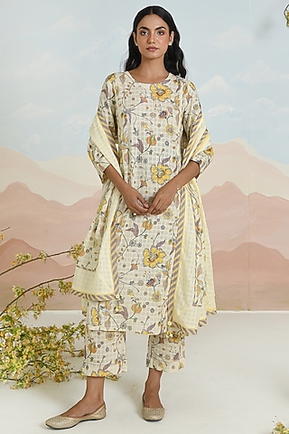 Beige Cotton Floral Printed Kurta Set by Baise Gaba