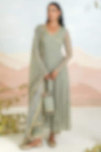Green Chiffon Printed & Embroidered Anarkali Set by Baise Gaba at Pernia's Pop Up Shop