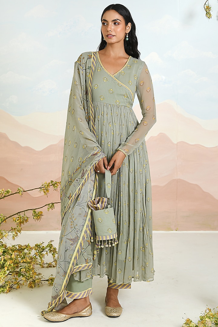 Green Chiffon Printed & Embroidered Anarkali Set by Baise Gaba at Pernia's Pop Up Shop