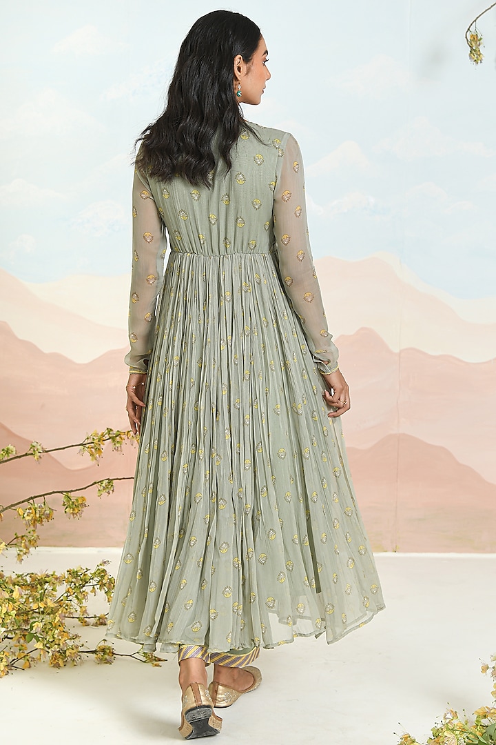 Green Chiffon Printed & Embroidered Anarkali Set by Baise Gaba at Pernia's Pop Up Shop