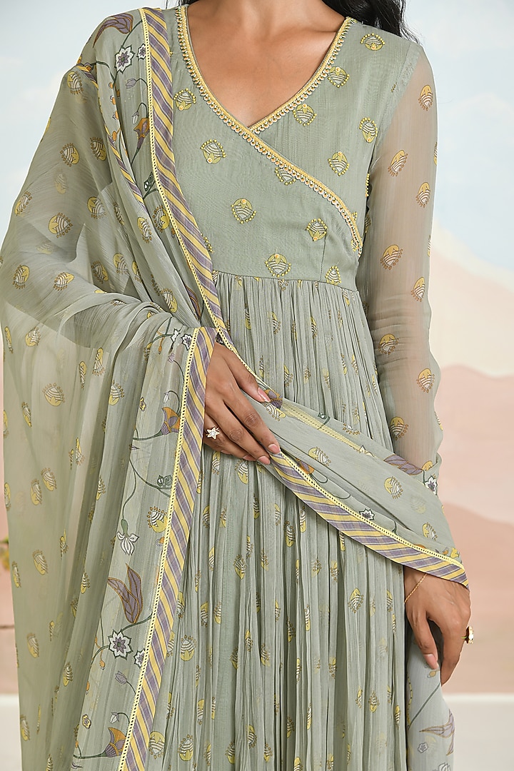 Green Chiffon Printed & Embroidered Anarkali Set by Baise Gaba at Pernia's Pop Up Shop
