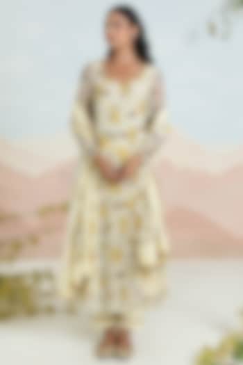 Beige Chiffon Floral Printed & Embroidered Anarkali Set by Baise Gaba at Pernia's Pop Up Shop