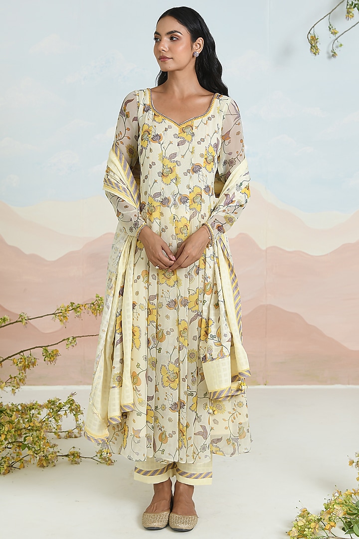 Beige Chiffon Floral Printed & Embroidered Anarkali Set by Baise Gaba at Pernia's Pop Up Shop