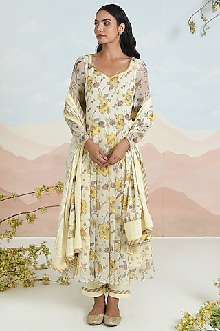 Beige Chiffon Floral Printed & Embroidered Anarkali Set by Baise Gaba