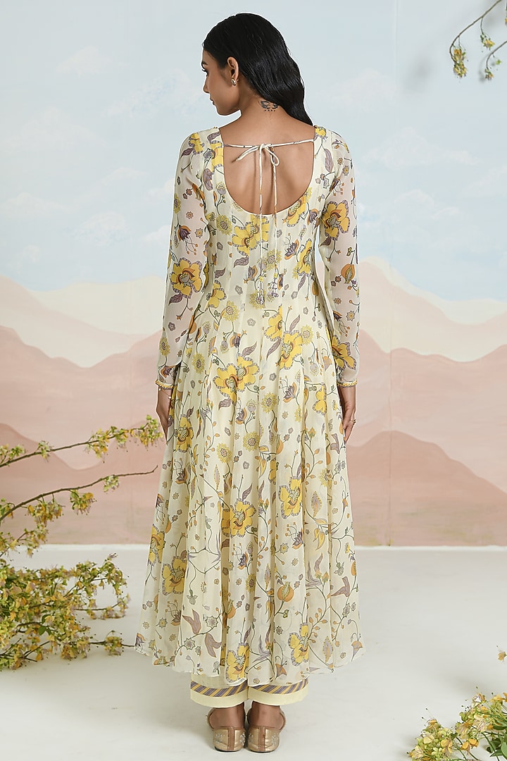 Beige Chiffon Floral Printed & Embroidered Anarkali Set by Baise Gaba at Pernia's Pop Up Shop