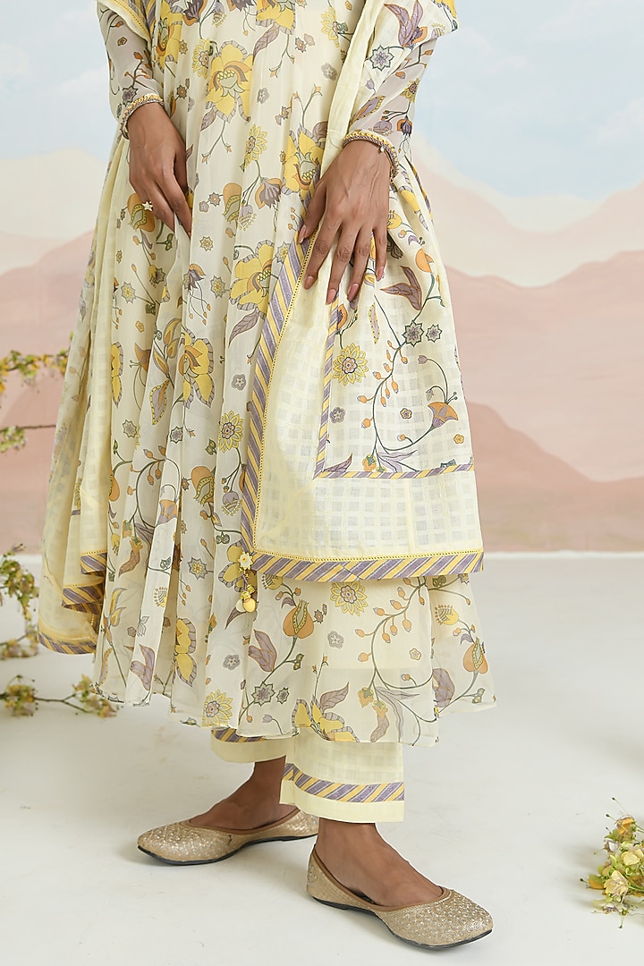 Beige Chiffon Floral Printed & Embroidered Anarkali Set by Baise Gaba at Pernia's Pop Up Shop