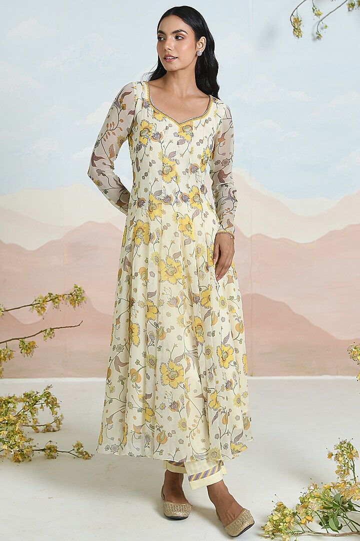 Beige Chiffon Floral Printed & Embroidered Anarkali Set by Baise Gaba at Pernia's Pop Up Shop