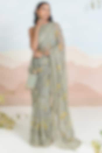 Sage Green Chiffon Floral Motif Festive Saree Set by Baise Gaba at Pernia's Pop Up Shop
