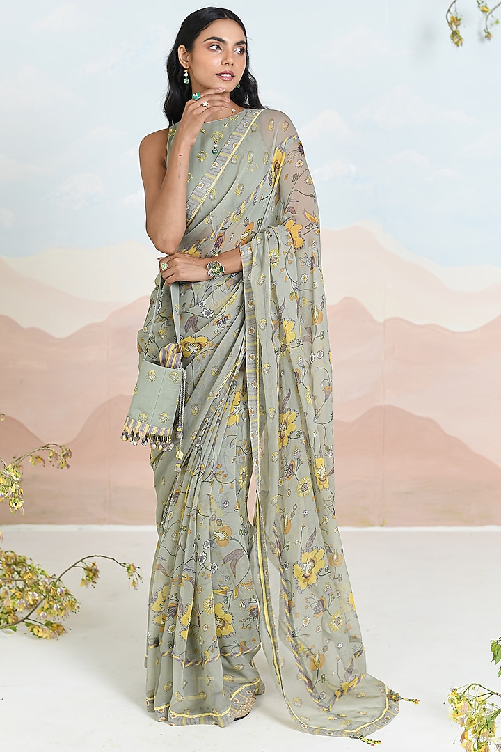 Sage Green Chiffon Floral Motif Festive Saree Set by Baise Gaba at Pernia's Pop Up Shop