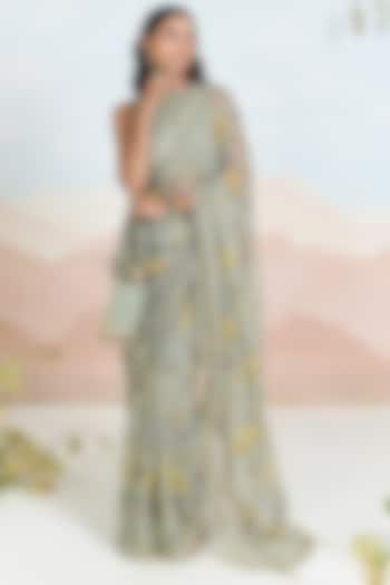 Sage Green Chiffon Floral Motif Festive Saree Set by Baise Gaba at Pernia's Pop Up Shop