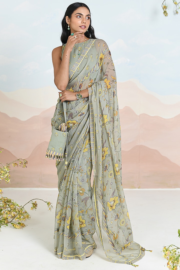 Sage Green Chiffon Floral Motif Festive Saree Set by Baise Gaba at Pernia's Pop Up Shop