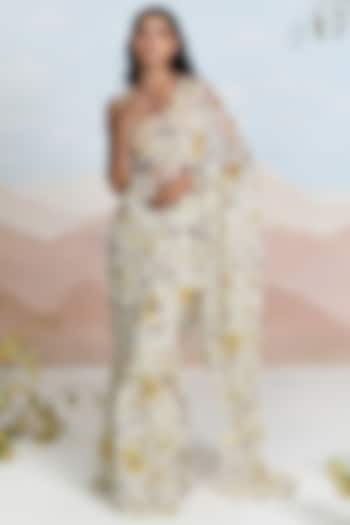 Beige Chiffon Floral Printed Ruffled Festive Saree Set by Baise Gaba at Pernia's Pop Up Shop
