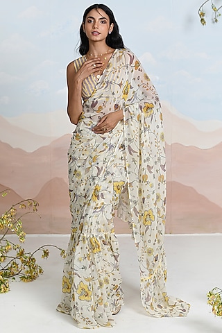 Beige Chiffon Floral Printed Ruffled Saree Set by Baise Gaba