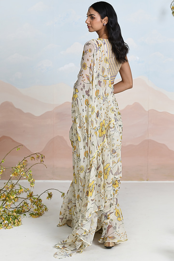 Beige Chiffon Floral Printed Ruffled Festive Saree Set by Baise Gaba at Pernia's Pop Up Shop