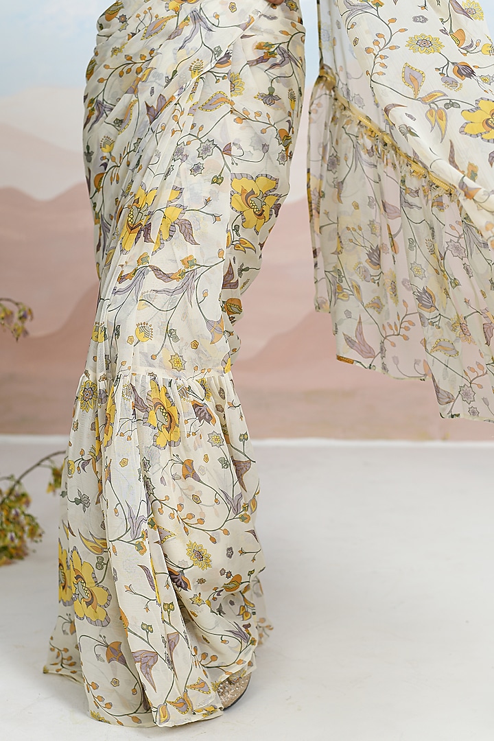 Beige Chiffon Floral Printed Ruffled Festive Saree Set by Baise Gaba at Pernia's Pop Up Shop