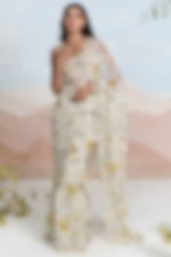 Beige Chiffon Floral Printed Ruffled Festive Saree Set by Baise Gaba at Pernia's Pop Up Shop
