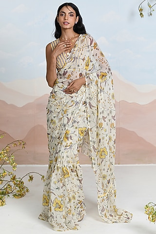 Beige Chiffon Floral Printed Ruffled Saree Set by Baise Gaba