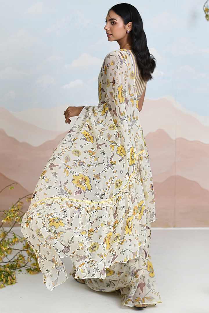 Beige Chiffon Floral Printed Ruffled Festive Saree Set by Baise Gaba at Pernia's Pop Up Shop