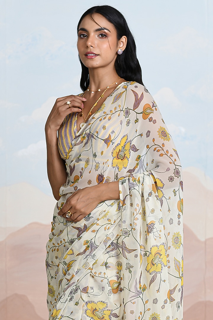 Beige Chiffon Floral Printed Ruffled Festive Saree Set by Baise Gaba at Pernia's Pop Up Shop