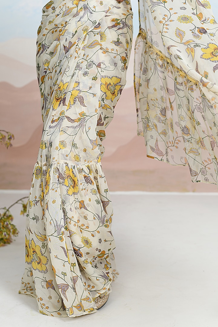 Beige Chiffon Floral Printed Ruffled Festive Saree Set by Baise Gaba at Pernia's Pop Up Shop