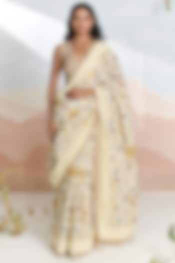 Cream Cotton Dobby Floral Motif Festive Saree Set by Baise Gaba at Pernia's Pop Up Shop