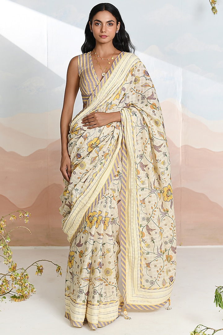 Cream Cotton Dobby Floral Motif Festive Saree Set by Baise Gaba at Pernia's Pop Up Shop