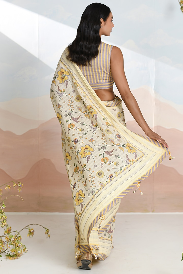 Cream Cotton Dobby Floral Motif Festive Saree Set by Baise Gaba at Pernia's Pop Up Shop